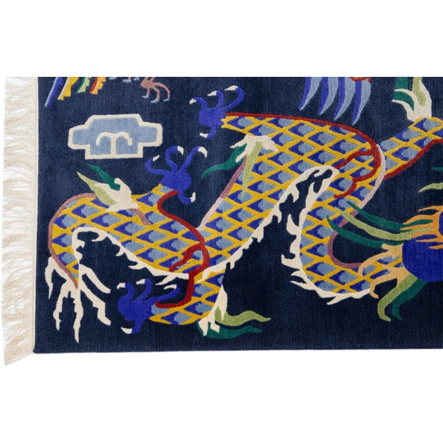 Blue Chinese Vintage Peking Handmade Wool Rug With Mullticolor Dragon Design For Sale - Image 4 of 7