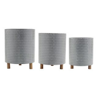 Iron Metal Planter with Geometric Design and Wood Legs (Set of 3) For Sale