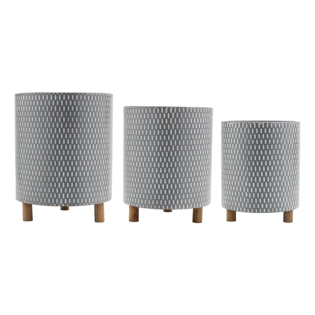 Iron Metal Planter with Geometric Design and Wood Legs (Set of 3) For Sale