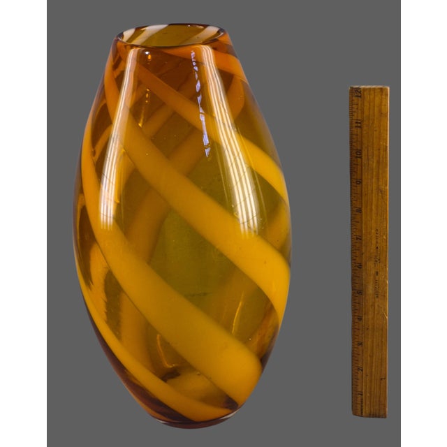 Glass Mid-Century Modern Hand-Blown Cased Glass Warm Amber White Ribbon 14.5'' Vase For Sale - Image 7 of 10
