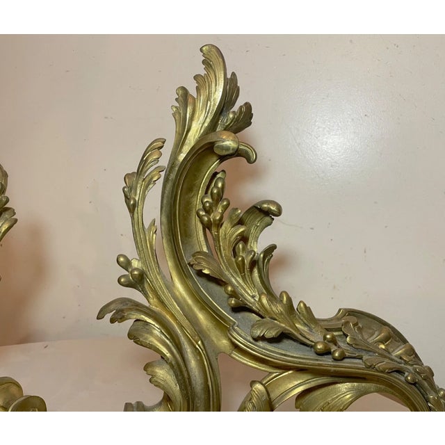 Metal Pair of Antique 19th Century Ornate Rococo Gilt Bronze Fireplace Andirons Brass For Sale - Image 7 of 15