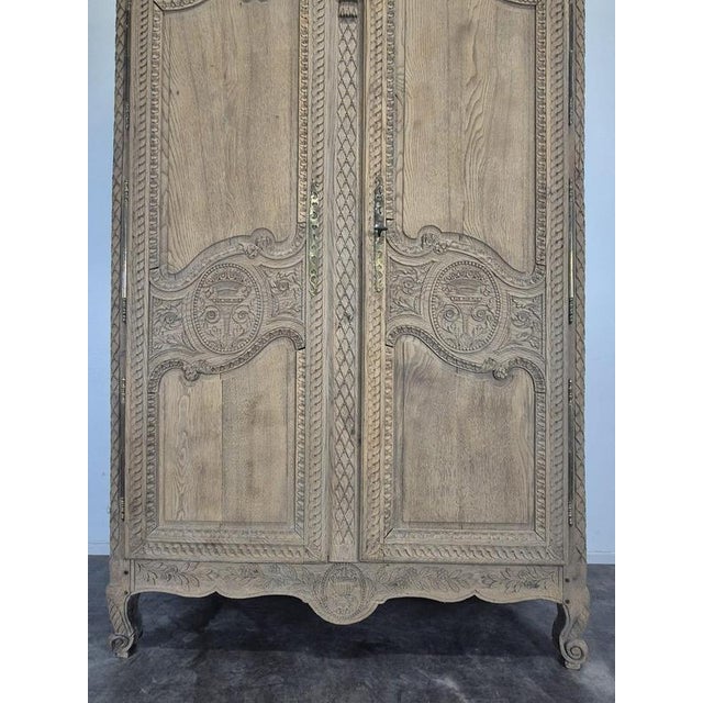 Wood Norman Wedding Armoire in Stripped Oak with Dove-Adorned Pediment For Sale - Image 7 of 12