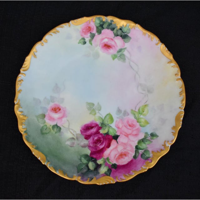 Antique T and v Limoges French Porcelain Cabinet Plate Hand Painted Roses Gold Rim For Sale - Image 10 of 15