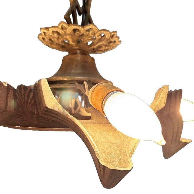 1920 Gemetric Art Deco Brass Five Light Circular Chandelier W Dome Light & Chain For Sale In Los Angeles - Image 6 of 6