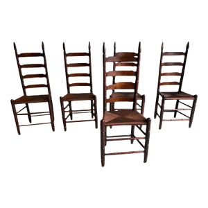 19th Century Set of 5 Antique Maple Ladder Back Rush Seat Side Chairs