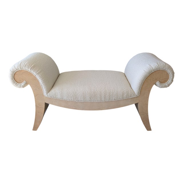 Large Vintage Scroll End Burl and Boucle Upholstered Bench, 1970s For Sale