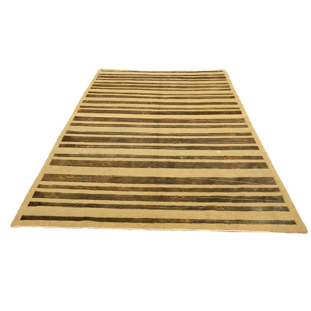 Modern Hand-Knotted Modern Tibetan Wool & Silk Geometric Rug in Gold & Olive Green For Sale - Image 3 of 10