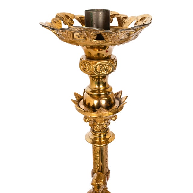 Metal Large Antique French Gilt Bronze Gothic Altar Jesus Statue Griffin Candlestick For Sale - Image 7 of 10