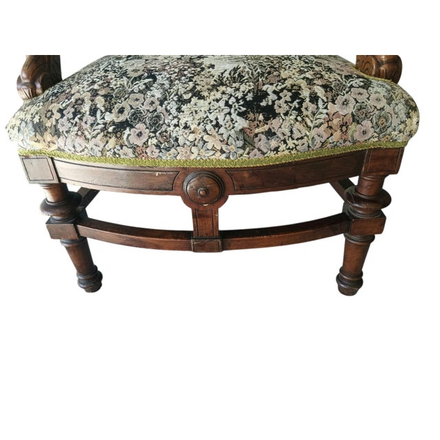 Traditional Rare Pair of Antique Medallion Back Parlor Armchairs – Ornate Carved Wood & Floral Tapestry For Sale - Image 3 of 12