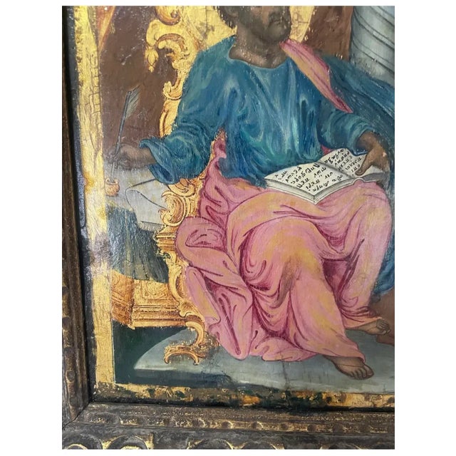 19th Century Antique Greek Orthodox Icon – St. Luke the Evangelist With Ox, Hand-Painted Tempera Gilded Wood 17.5” X 13” Rare Find For Sale - Image 5 of 10
