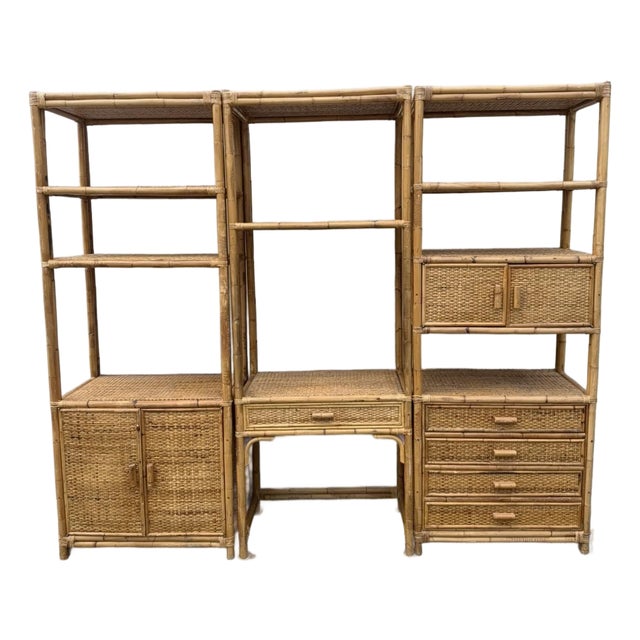 Mid 20th Century 3-Piece Vintage Bamboo Boho Woven Rattan Etagere. For Sale