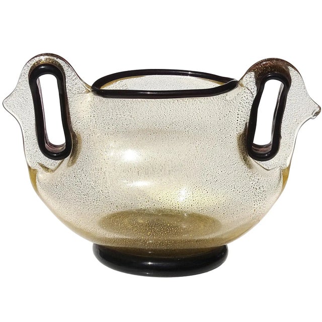 Gold Vintage Murano Barovier Toso Rare Purple Trim Gold Flecks Italian Art Glass Ornate Pierced Double Handle Vase For Sale - Image 8 of 8