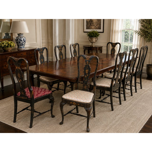 A striking mid-20th-century, circa 1940s–1960s set of ten dining chairs by the Grand Ledge Chair Company of Grand Ledge,...