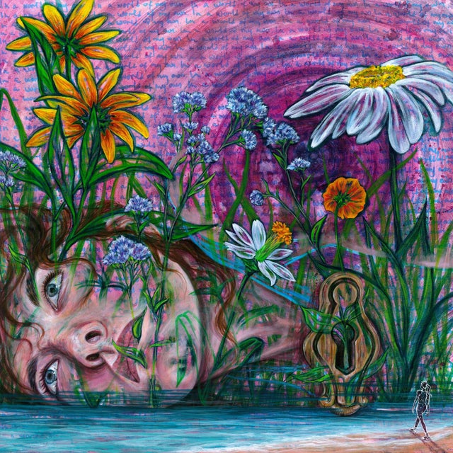 In A World Of My Own by Amanda Seckington | Acrylic on canvas woman surrounded by flowers and foliage For Sale