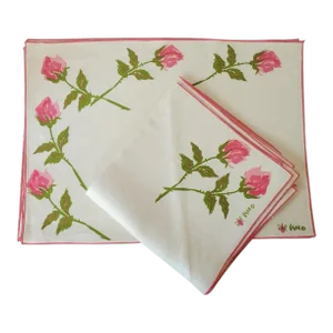 Mid-Century Vera Pink Rosebuds Set of 4 Linen Placemats With Napkins
