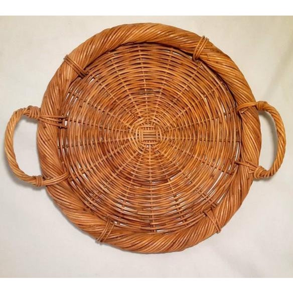 Late 20th C. Round Wicker Basket Tray With Handles Chairish