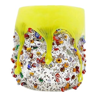 Millefiori Glass Tumbler, Dimpled Crumpled Glass Beaker, Light Yellow For Sale