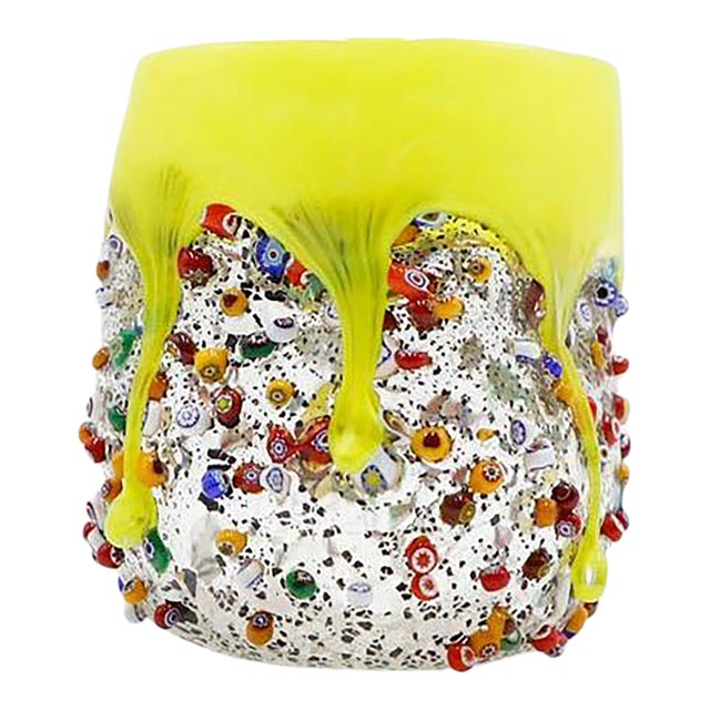 Millefiori Glass Tumbler, Dimpled Crumpled Glass Beaker, Light Yellow For Sale