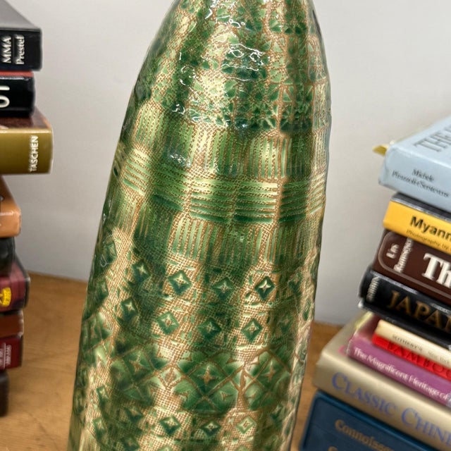 Green Textured Green & Cream Ceramic Vase with Star Design For Sale - Image 8 of 11