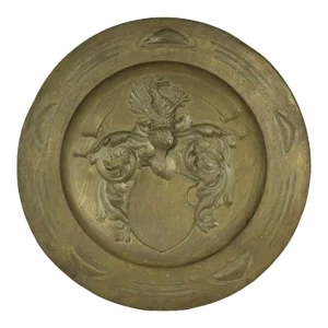 1800's Arts and Crafts Art Nouveau Brass Wall Charger Platter With Embossed Coat of Arms