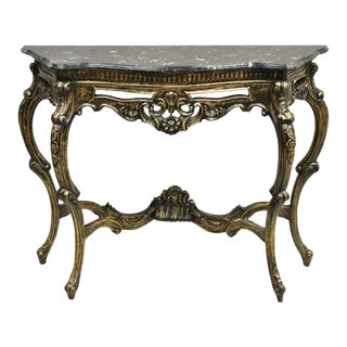 Reproduction French Baroque Style Marble Top Black & Gold Console Table For Sale