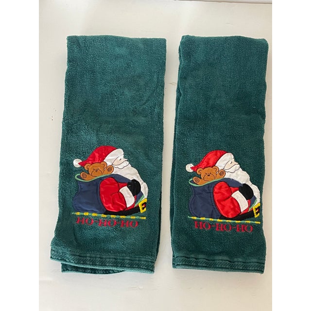 Pair Christmas Holidays Bath Terry Towels With Santa’s Appliqués For Sale - Image 4 of 5