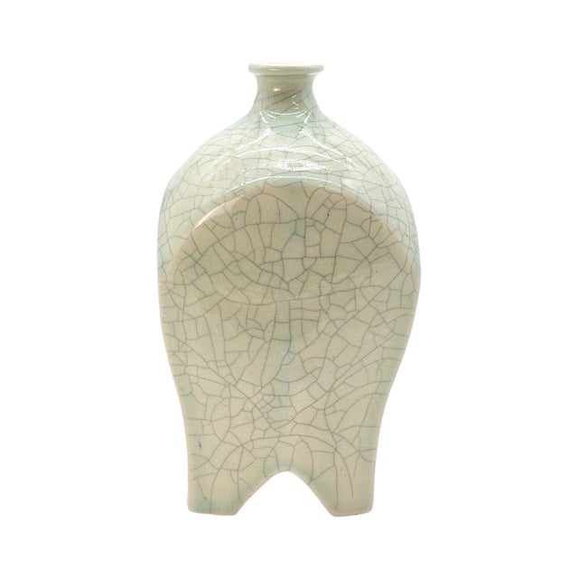 Signed Studio Pottery Celadon Crackle Glaze Footed Vase For Sale - Image 4 of 9