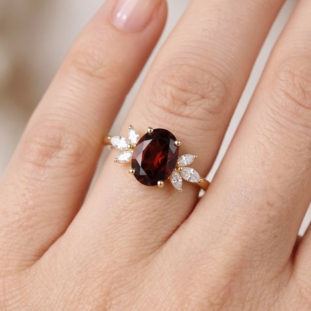 Oval Garnet Marquise Accent Ring in 18K Gold Plated Sterling Silver Product Description Elevate your jewelry collection...