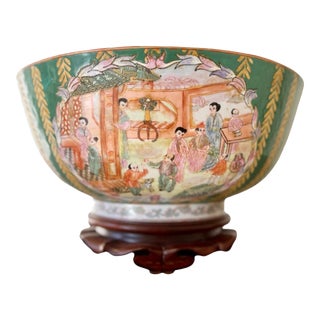Vintage Extra Large Chinoiserie Punch Bowl With Stand For Sale