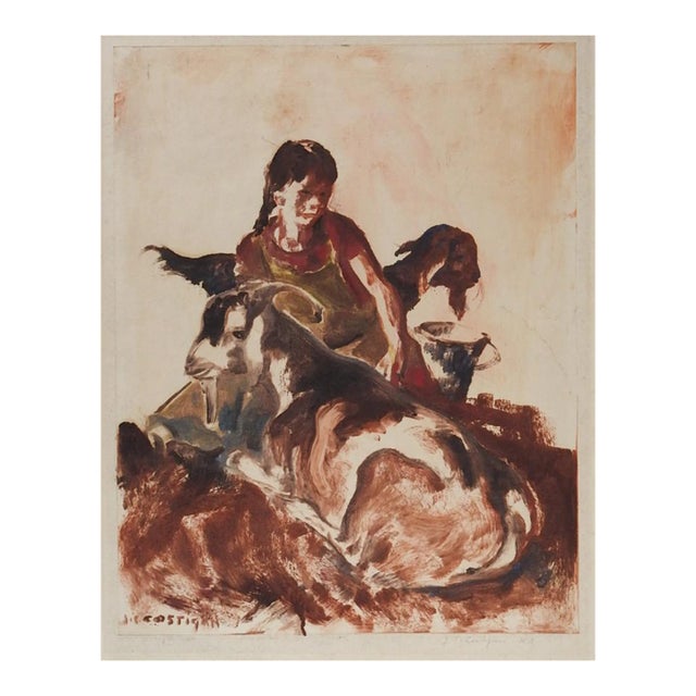Vintage Early 20th Century Child With Goats Aquatint For Sale