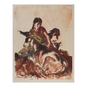Vintage Early 20th Century Child With Goats Aquatint