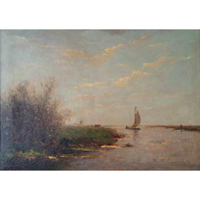 A large antique dutch landscape in oil on canvas by victor bauffe (1849–1921), in the style of the old masters. the...
