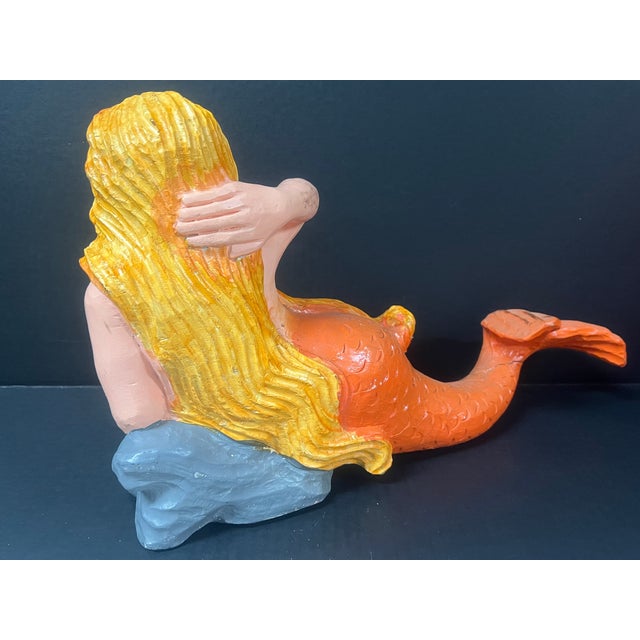 Folk Art Carved Wood Mermaid Sculpture With Gold Haier and Orange Tail and Glass Eyes For Sale - Image 10 of 10