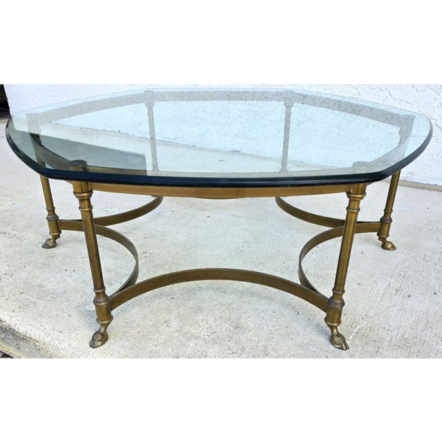 Labarge Vintage LaBarge Hexagonal Brass Hoof Footed Glass Top Coffee Table For Sale - Image 4 of 13