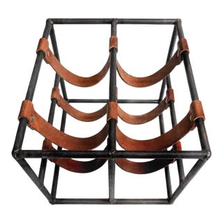 1950s Mid-Century Modern Arthur Umanoff Iron & Leather Wine Rack For Sale