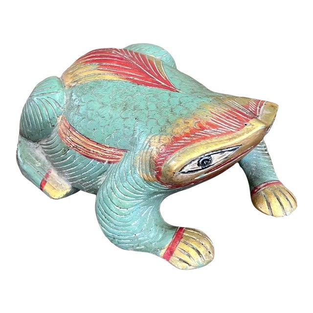 Vintage Hand Carved and Hand Painted Wooden Frog Figurine For Sale