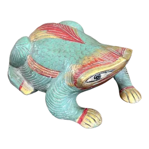 Vintage Hand Carved and Hand Painted Wooden Frog Figurine
