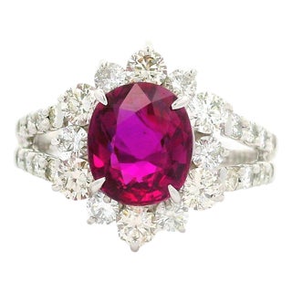 2.13 Carat No-Heat Ruby Diamond Platinum Halo Ring, Gia Certified, Size 5.75 For Sale