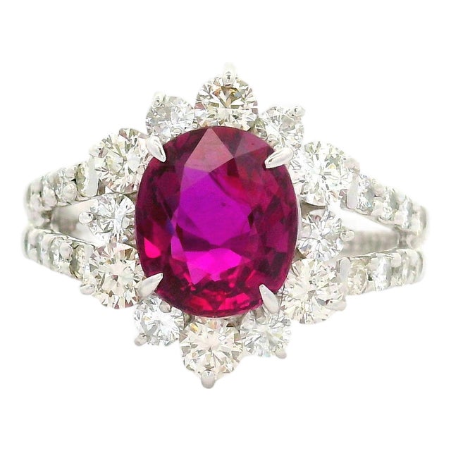 2.13 Carat No-Heat Ruby Diamond Platinum Halo Ring, Gia Certified, Size 5.75 For Sale