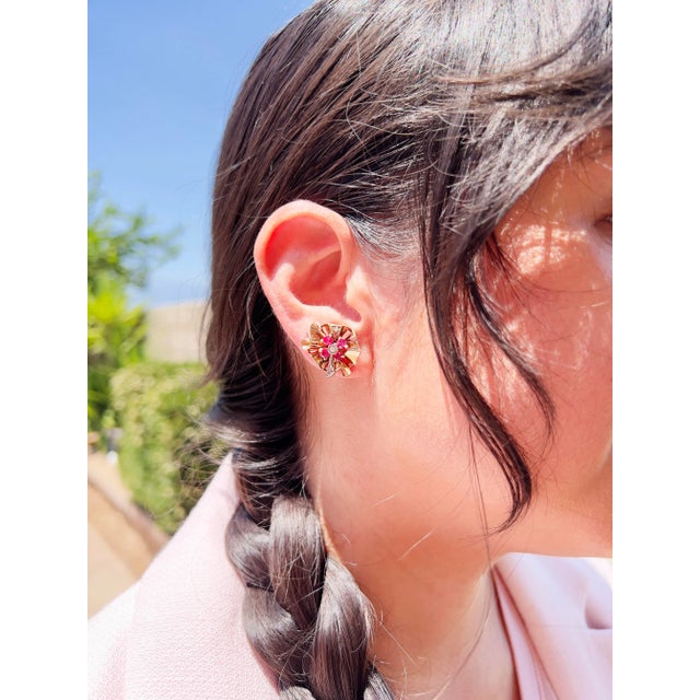 Retro Old European Cut Diamond and Ruby Screw Back Earrings, 14k For Sale - Image 9 of 10
