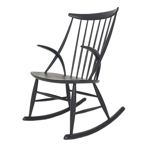 Black Wooden Model Iw3 Rocking Chair attributed to Illum Wikkelso for Niels Eilersen, Denmark, 1958 For Sale