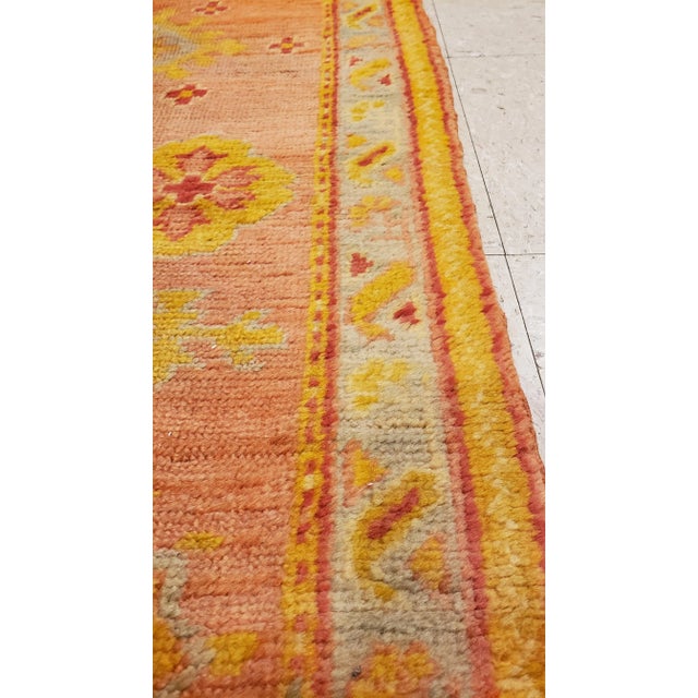 Peach Antique Oushak Runner, Turkish Oriental Rug, Handmade Peach, Yellow, Light Blue For Sale - Image 8 of 10