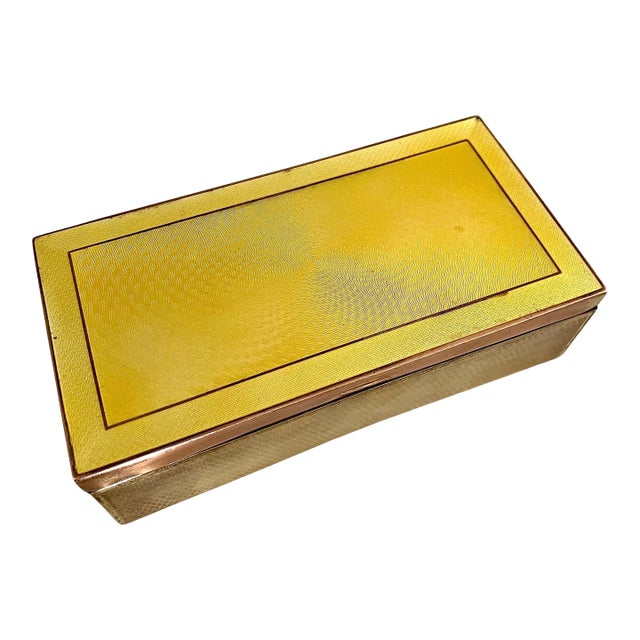 Brass Box with Yellow Guilloche and Enamel Detail For Sale