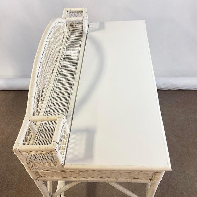 White Vintage Coastal Boho Chic Heywood-Wakefield Style Wicker Desk For Sale - Image 8 of 11