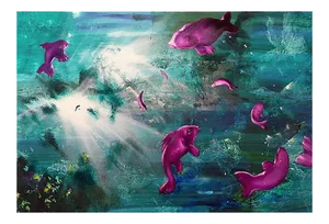 Leibniz Universe 10u, Contemporary and Colorful Underwater Scene, Oil on Canvas, 2016