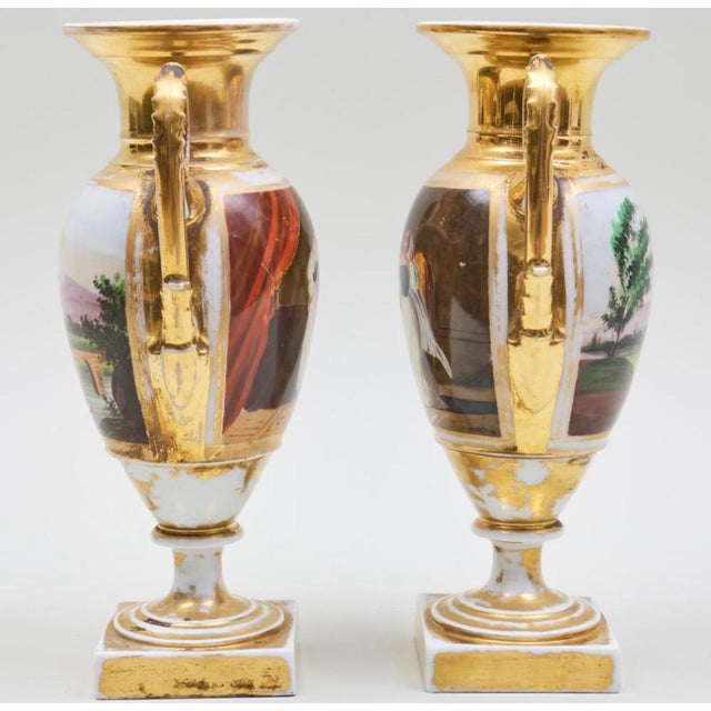 Early 19th Century A Pair of 19th Century French Empire Vases Old Paris Porcelain Gilt Ground Pastoral and Figural Mant For Sale - Image 5 of 12