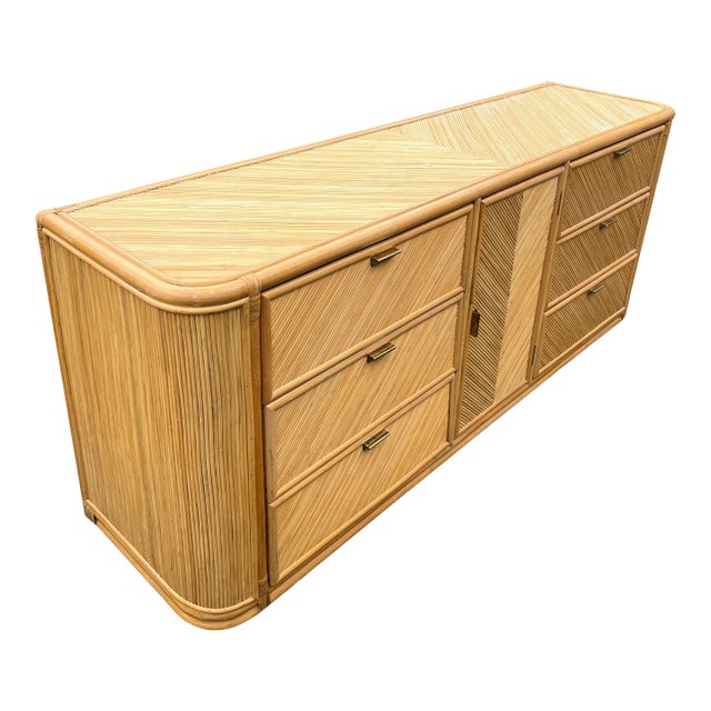 Vintage Pencil Reed Style Rattan Wicker Dresser or Credenza in Coastal Boho Chic Style For Sale