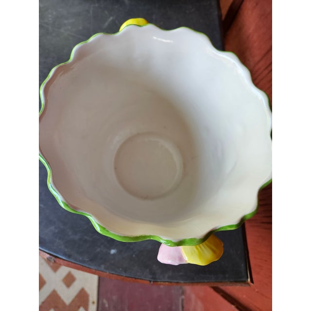 Charming 80s Italian Ceramic Cache Pot With Pansy Handles and Decoration For Sale - Image 4 of 6