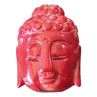 Vintage Red Coral Carved Buddha Head Amulet Pendant 1" H For Sale