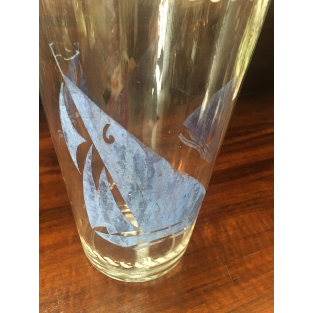 Art Deco Art Deco Clear Glass Cocktail Shaker With Blue Transferware Sailboat Design For Sale - Image 3 of 9